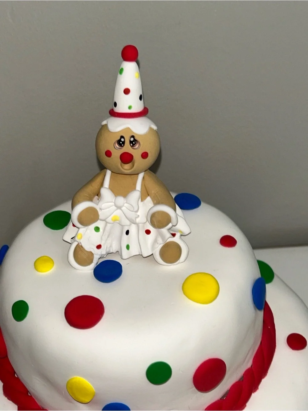 Gingerbread Clown Fake Cake Decoration - White with Red Accents HANDMADE